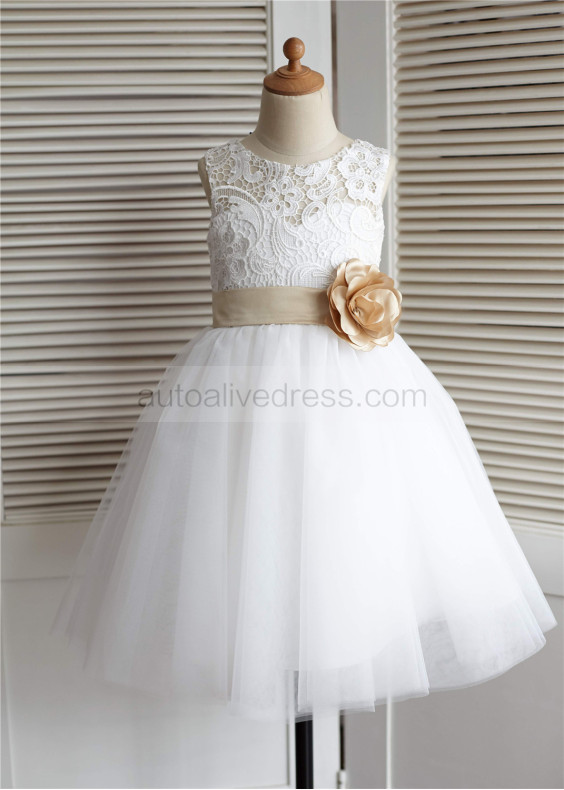 Ivory Lace Tulle Knee Length Flower Girl Dress